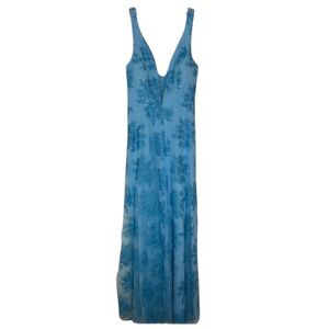 Xtraordinary Blue Floral Embroidered Maxi Dress Plunge V-Neck Formal Gown. Sz 5